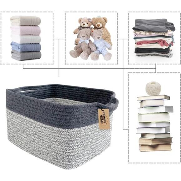 Cotton Rope Woven Basket with Handles for Shelves,Toys,Book,Cloth Storage Basket - Picture 6 of 7